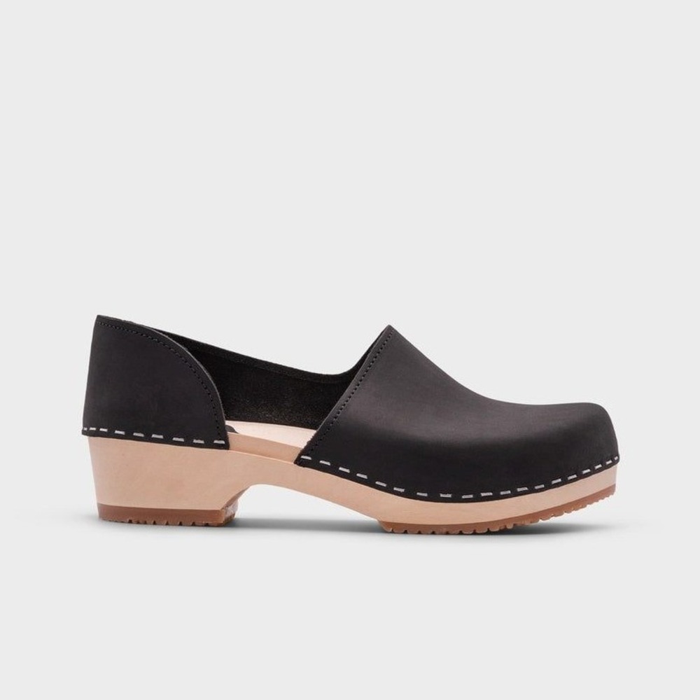 Sandgrens Swedish Clogs Black Nubuck Leather Wood Heel Cutout Shoes Women 39